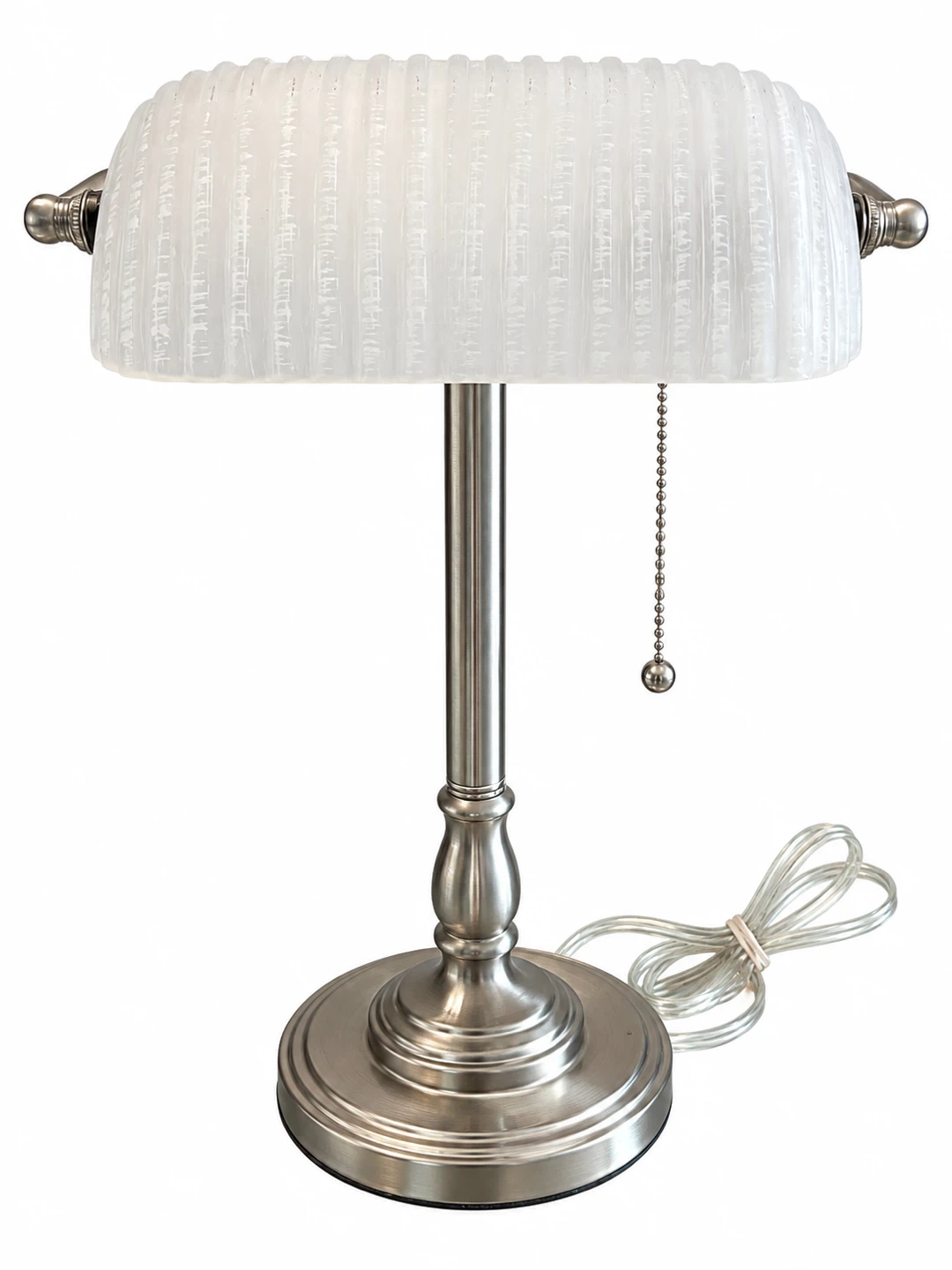 Brushed Nickel Banker Lamp with Textured Glass Shade