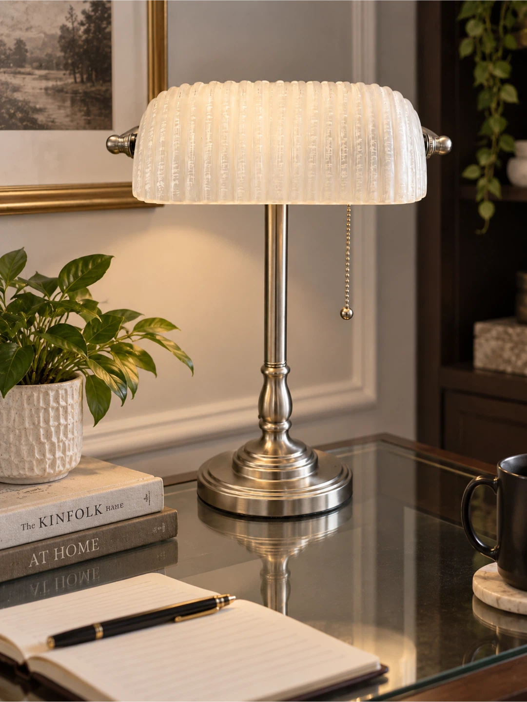Brushed Nickel Banker Lamp with Textured Glass Shade - photo 2