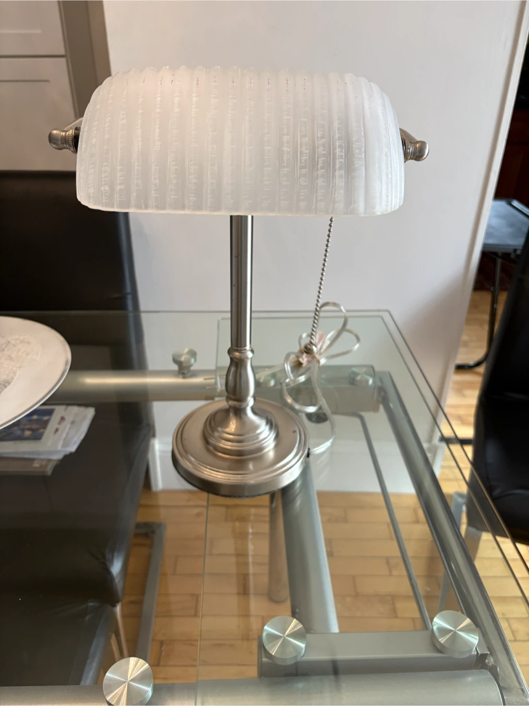 Brushed Nickel Banker Lamp with Textured Glass Shade - photo 3