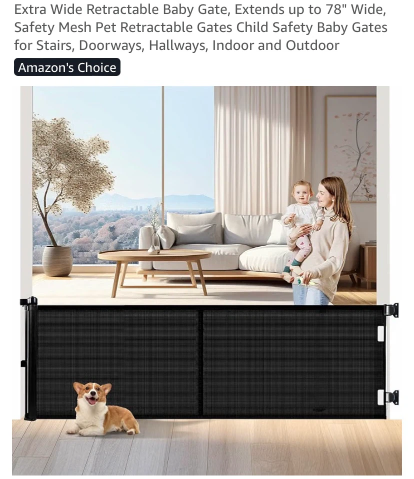 New Extra Wide Retractable Baby Gate, Extends up to 78" Wide