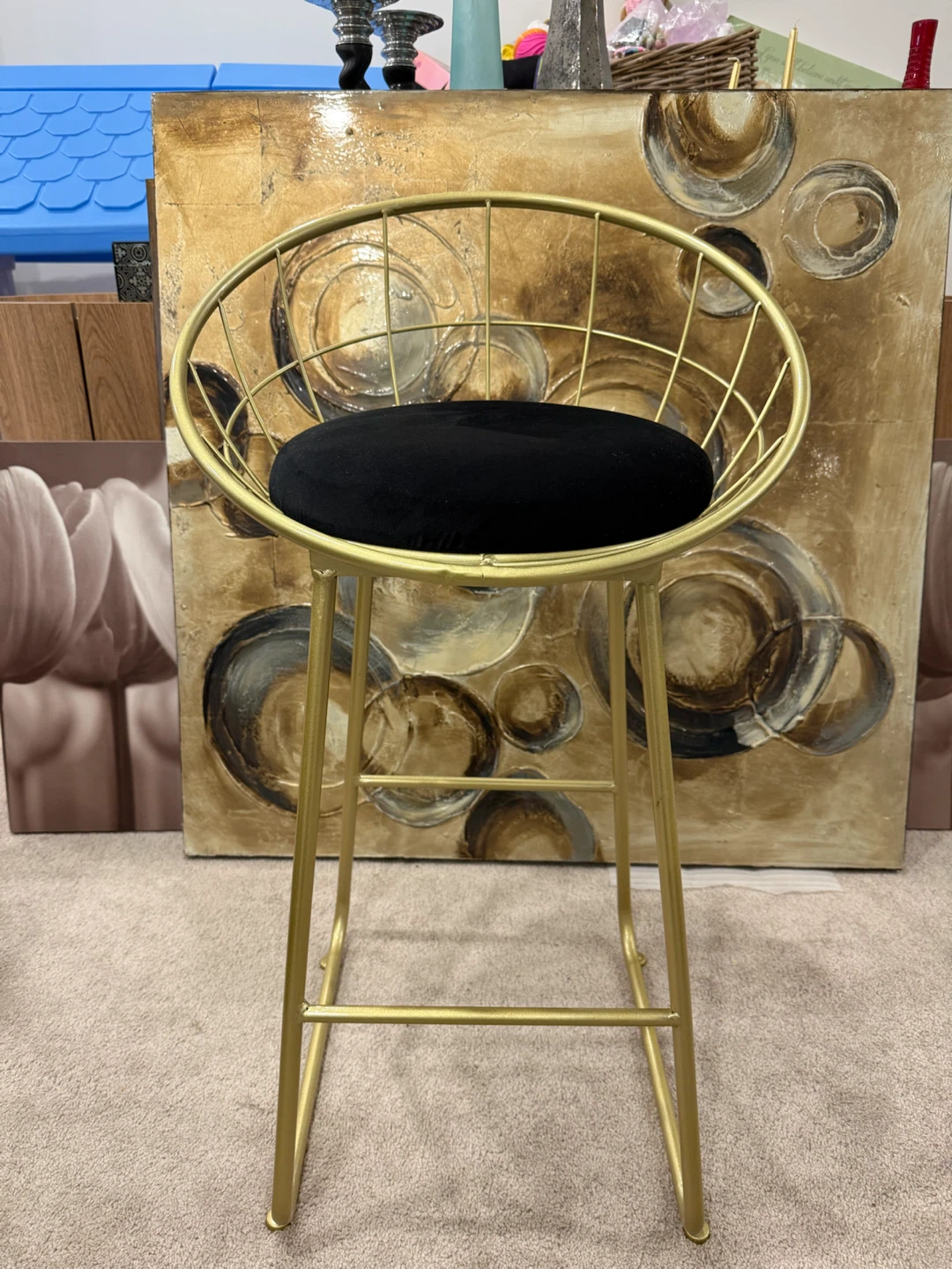 Gold Metal Bar Stool with Black Cushion 🪑