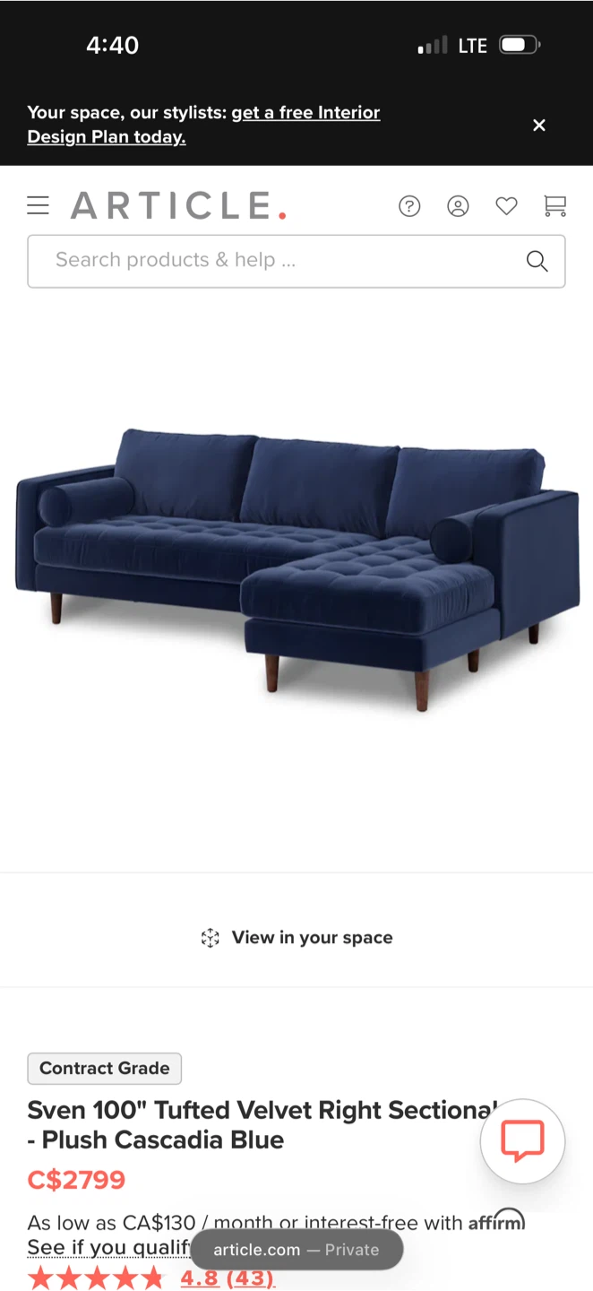 Article Sven 100" Tufted Velvet Right Sectional