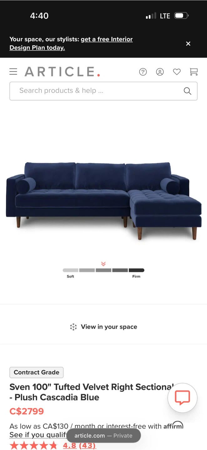 Article Sven 100" Tufted Velvet Right Sectional - photo 2