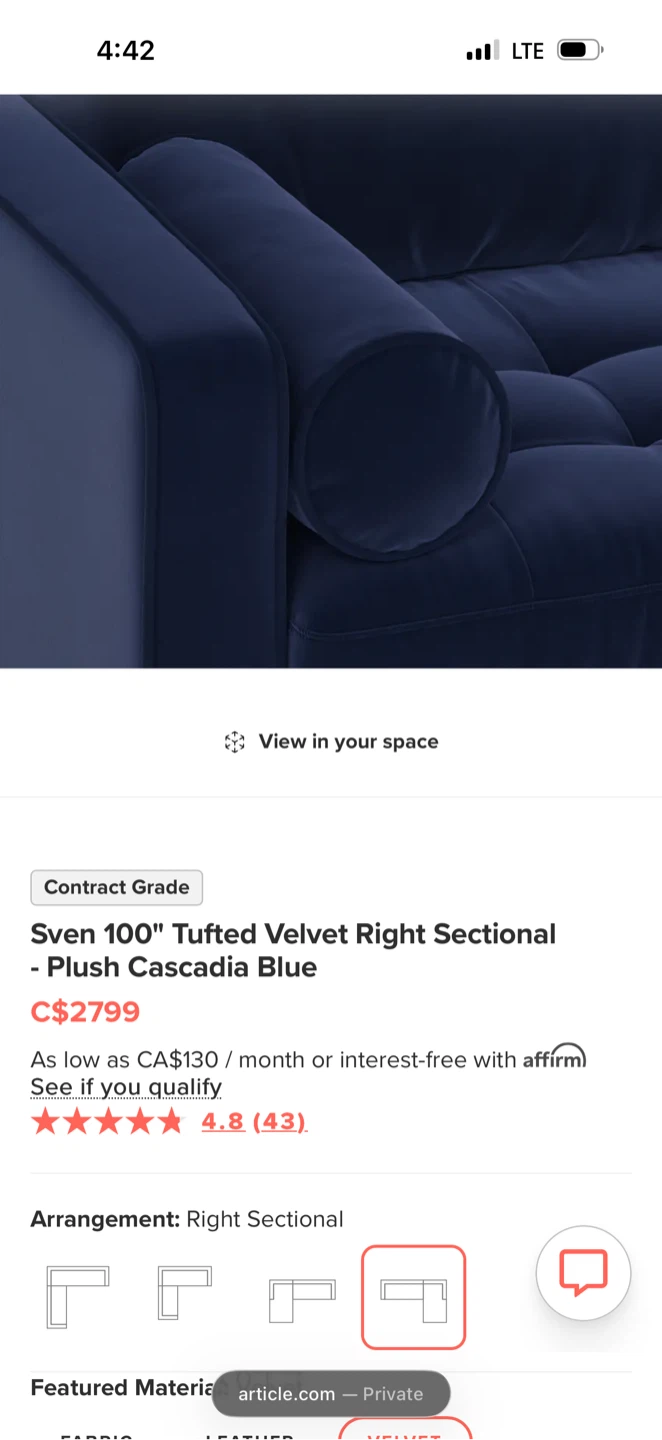 Article Sven 100" Tufted Velvet Right Sectional - photo 3