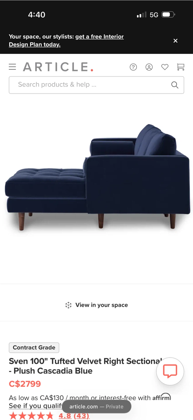 Article Sven 100" Tufted Velvet Right Sectional - photo 4