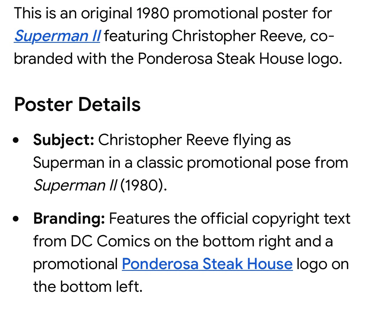1980 Superman II Ponderosa Steak House Poster - photo 4