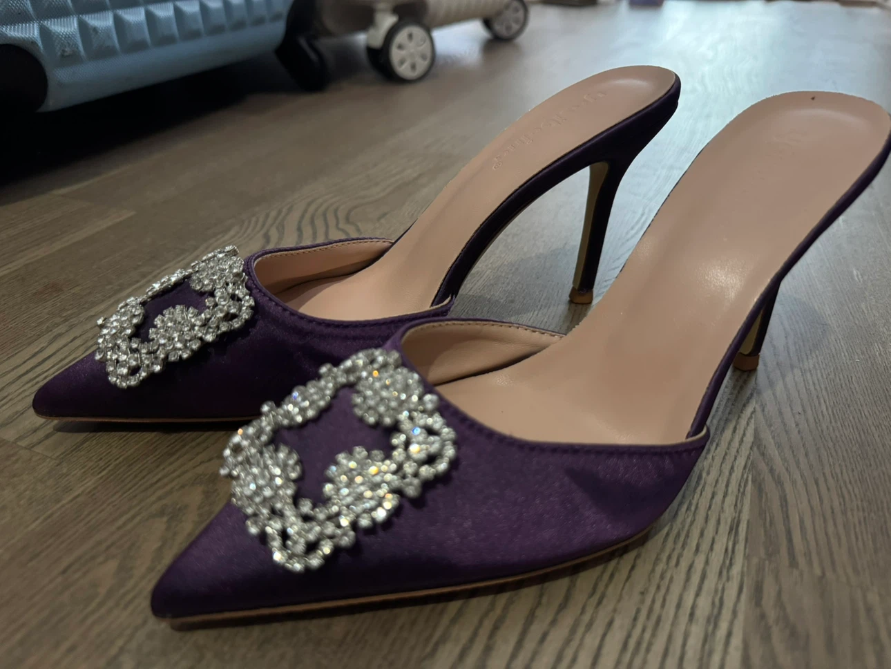 Purple Satin Stiletto Mules with Crystal Embellishment