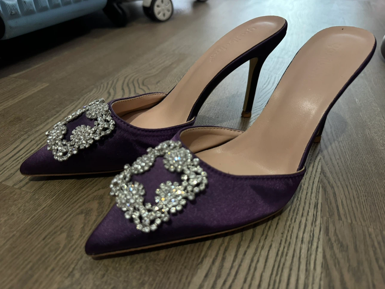 Purple Satin Stiletto Mules with Crystal Embellishment - photo 2