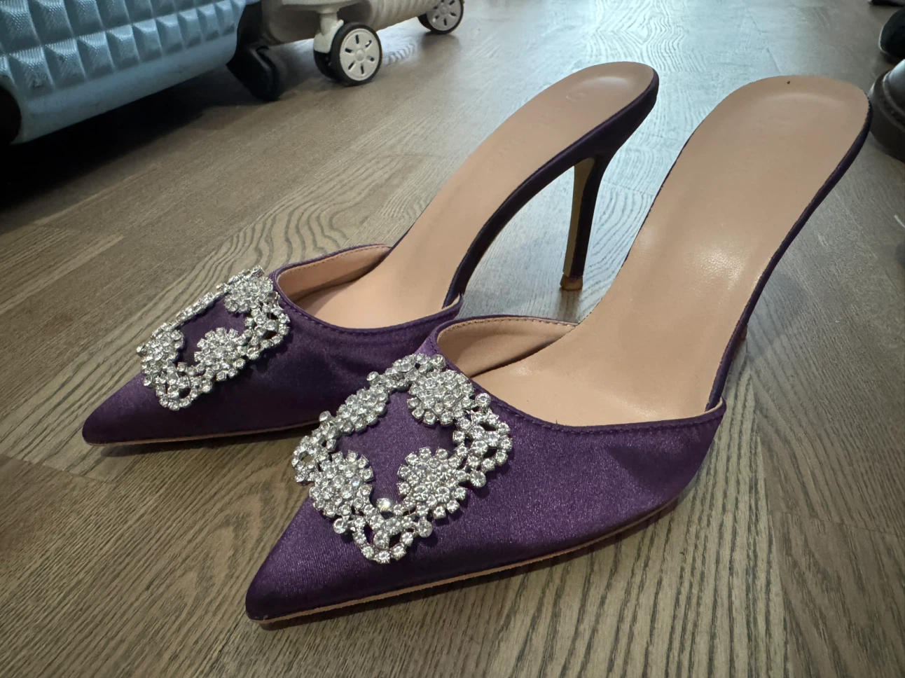 Purple Satin Stiletto Mules with Crystal Embellishment - photo 4