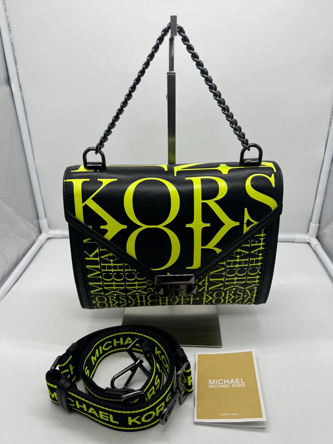 Michael Kors Whitney Newsprint Neon Green Leather Bag