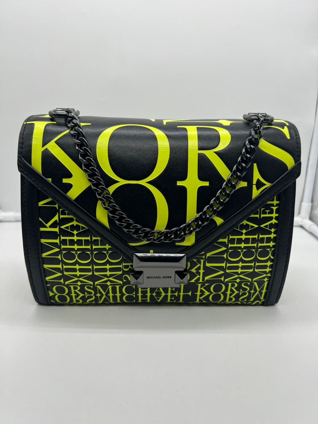 Michael Kors Whitney Newsprint Neon Green Leather Bag - photo 2
