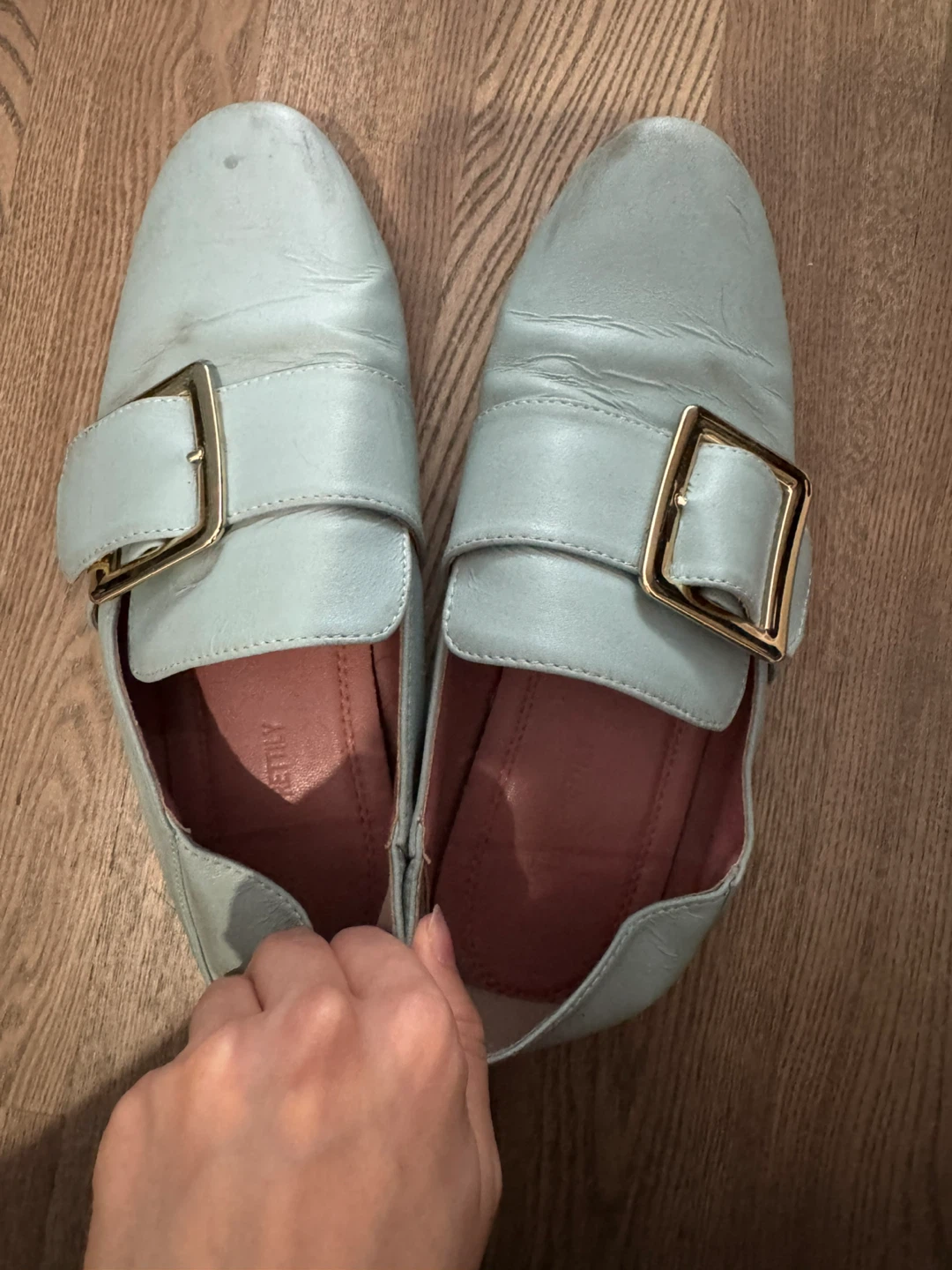 37- Pretty Light Blue Loafers with Gold Buckles