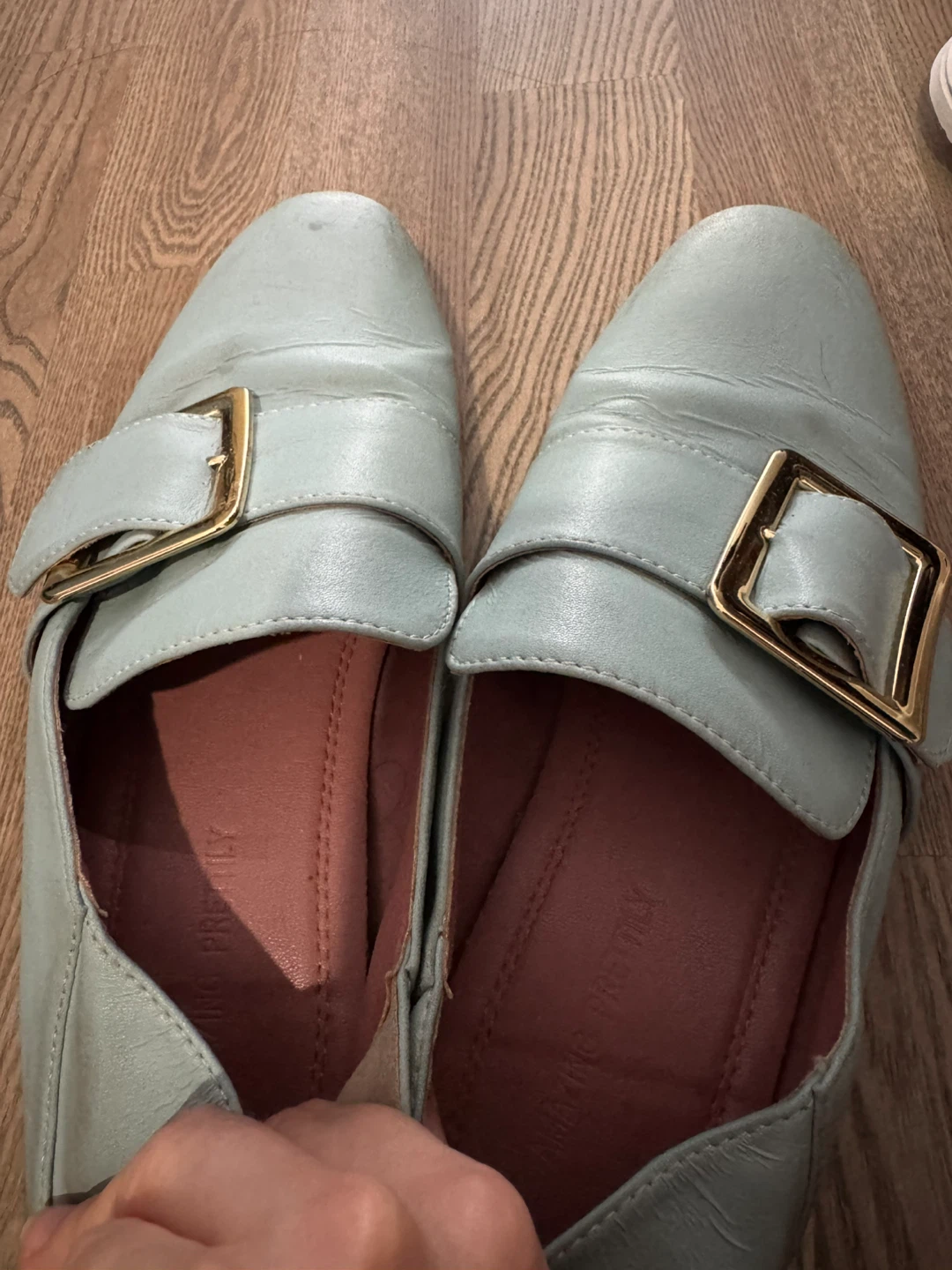 37- Pretty Light Blue Loafers with Gold Buckles - photo 2