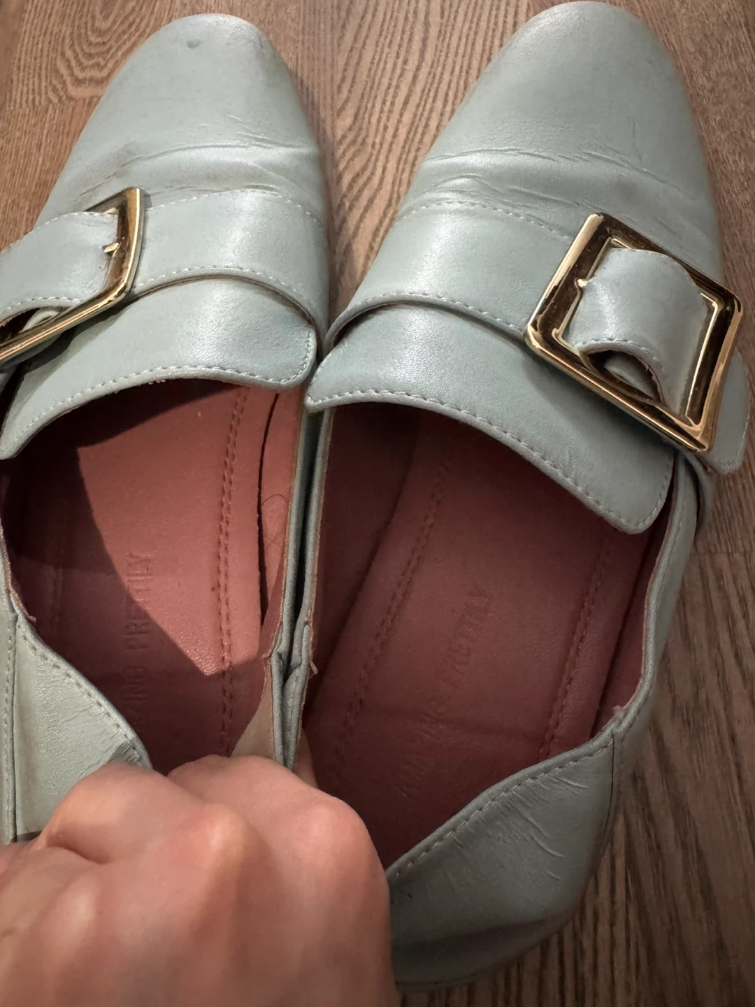 37- Pretty Light Blue Loafers with Gold Buckles - photo 3