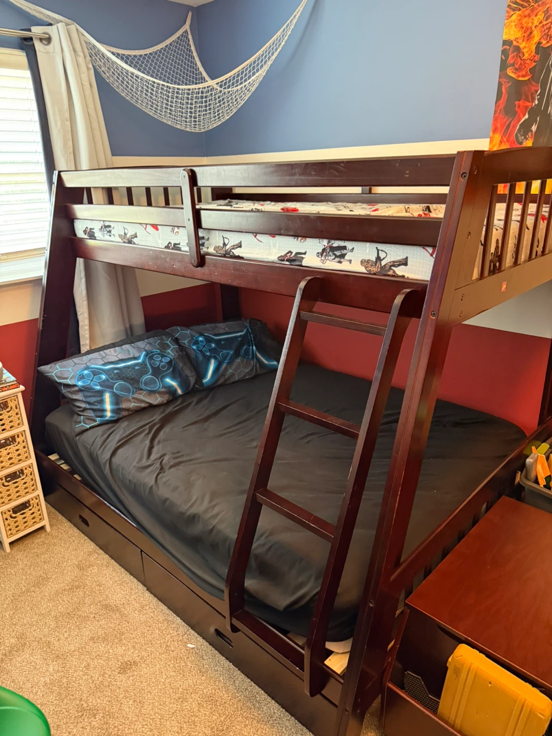 Dark Wood Twin over Full Bunk Bed with Storage