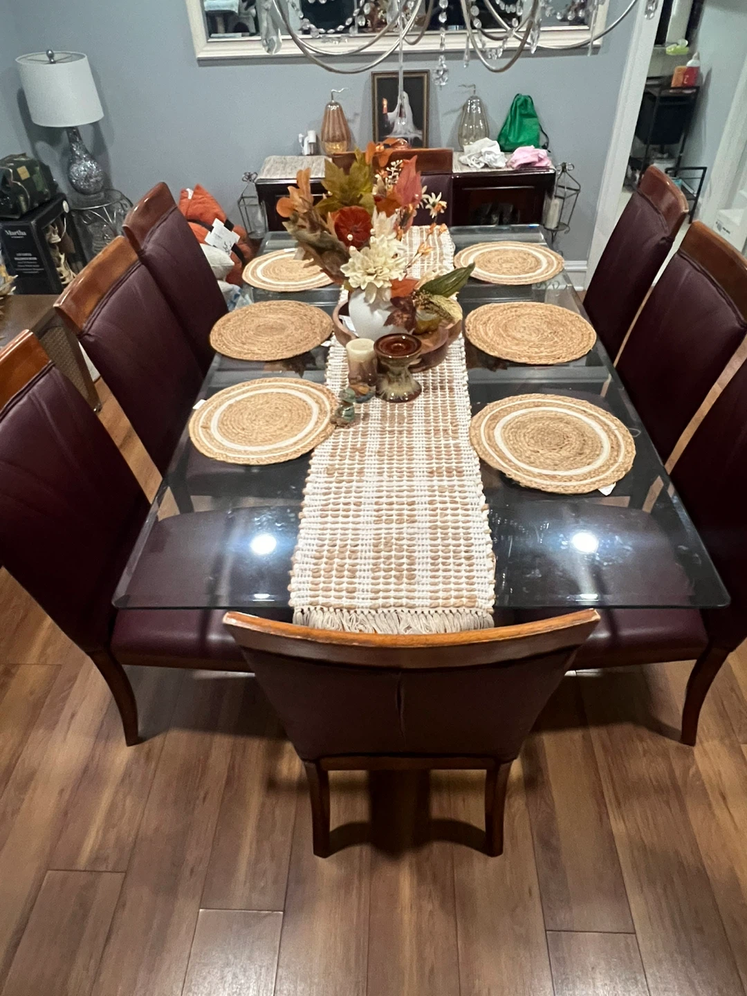 8 chair set with Glass Top Dining table