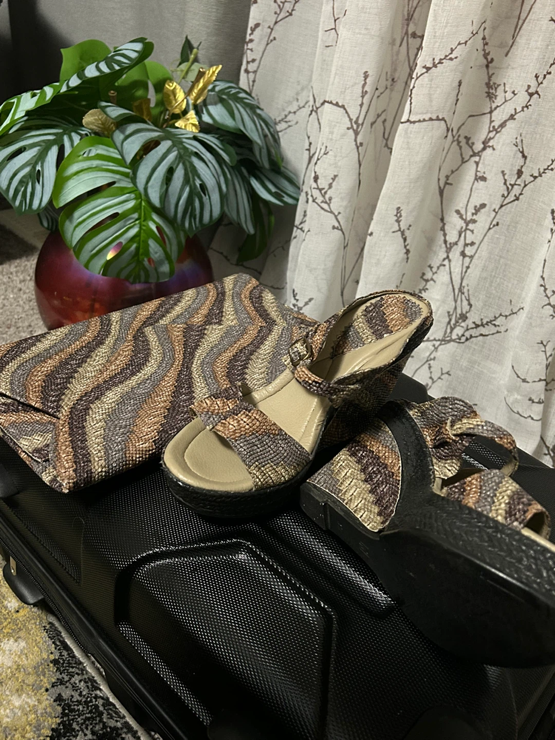 Matching Zebra Print Clutch and Wedge Sandals