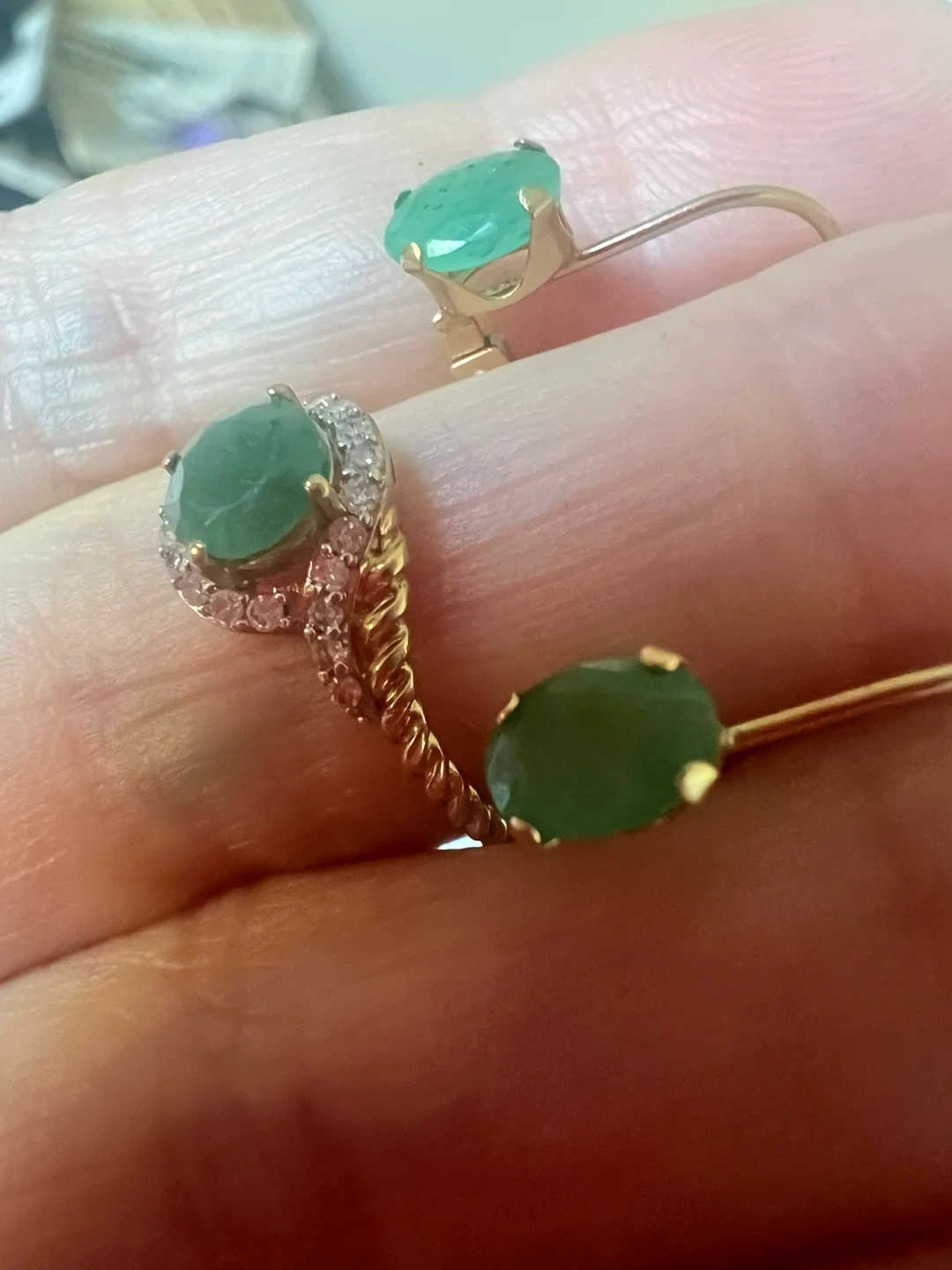 14K emerald earrings and 10 k emerald ring