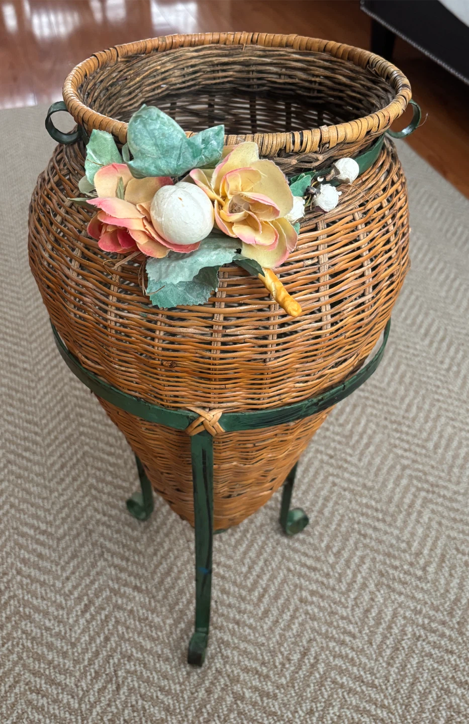 Vintage Handmade Wicker Amphora Vase on Metal Tripod