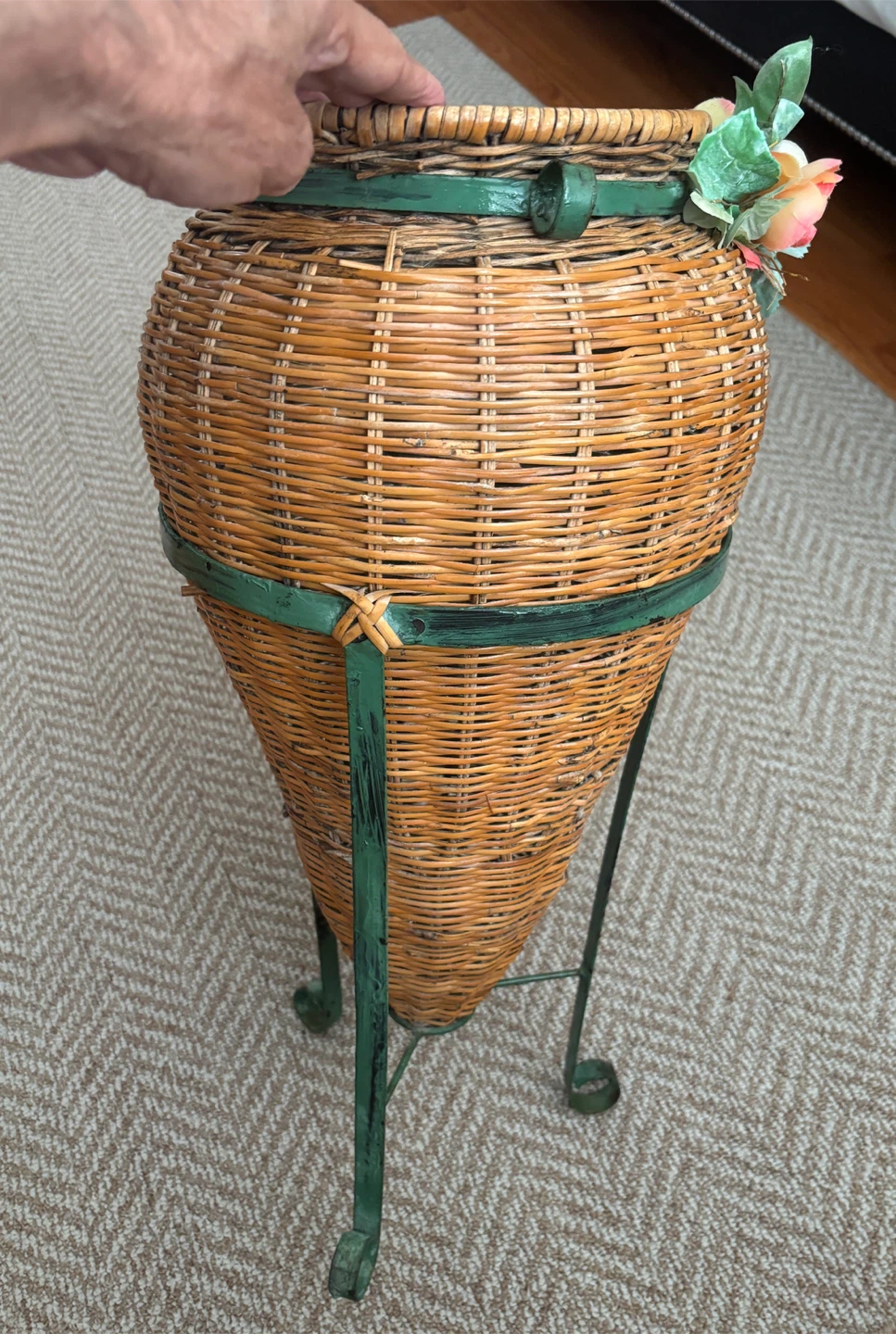 Vintage Handmade Wicker Amphora Vase on Metal Tripod - photo 3
