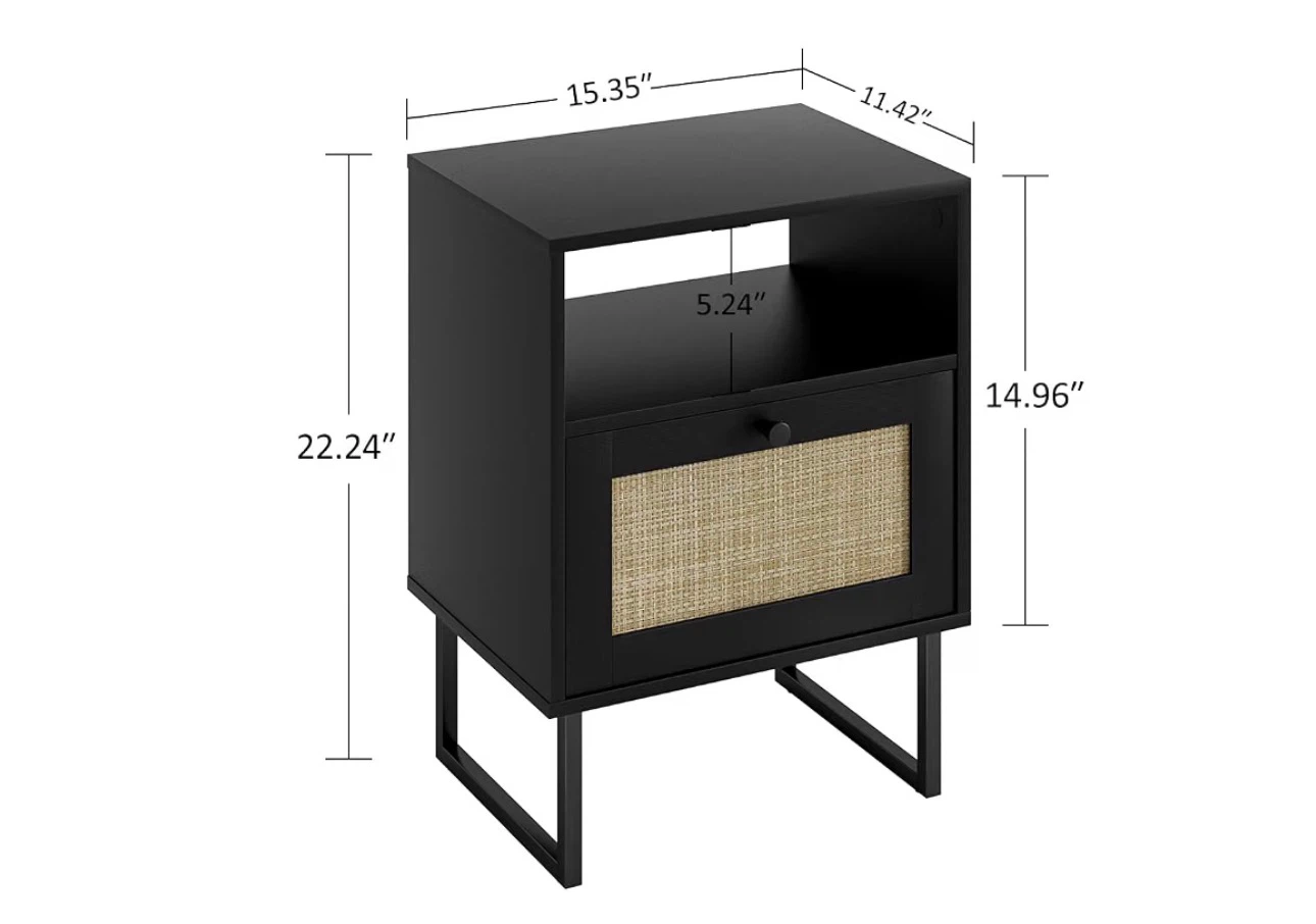Black and Woven Rattan Nightstand