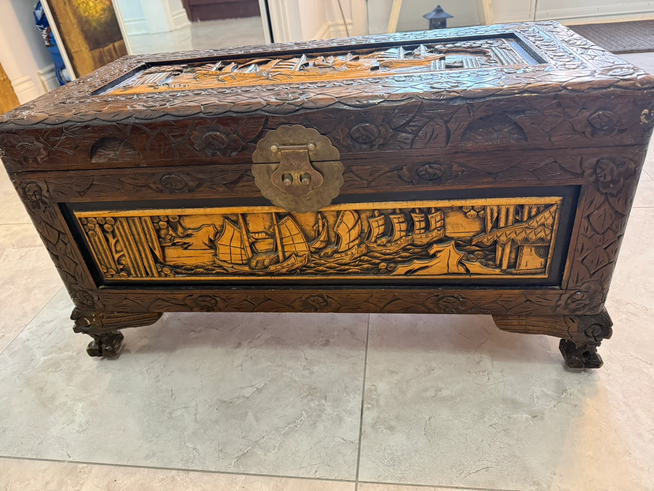 Vintage Hand-Carved Wooden Storage Chest
