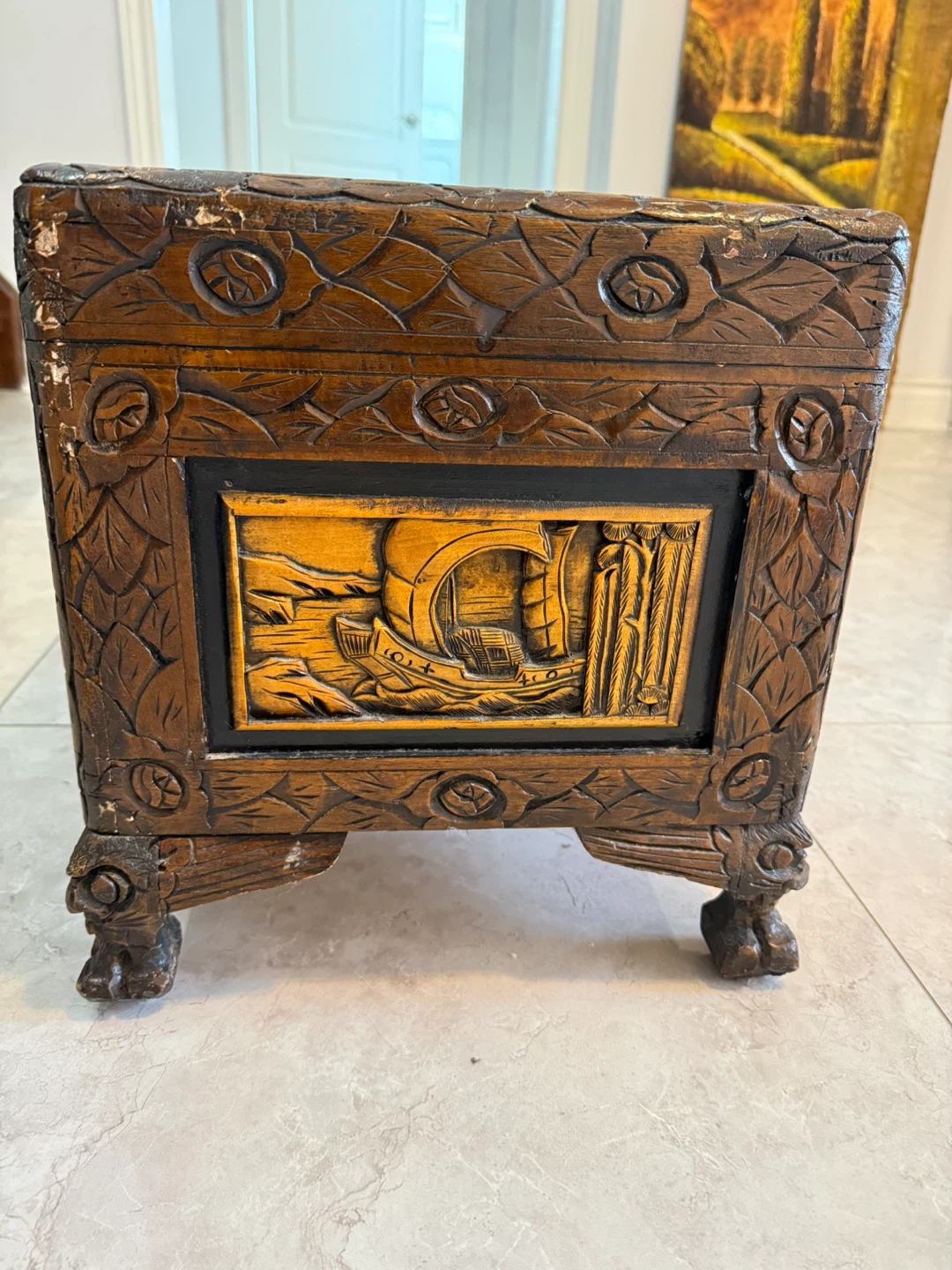 Vintage Hand-Carved Wooden Storage Chest - photo 3