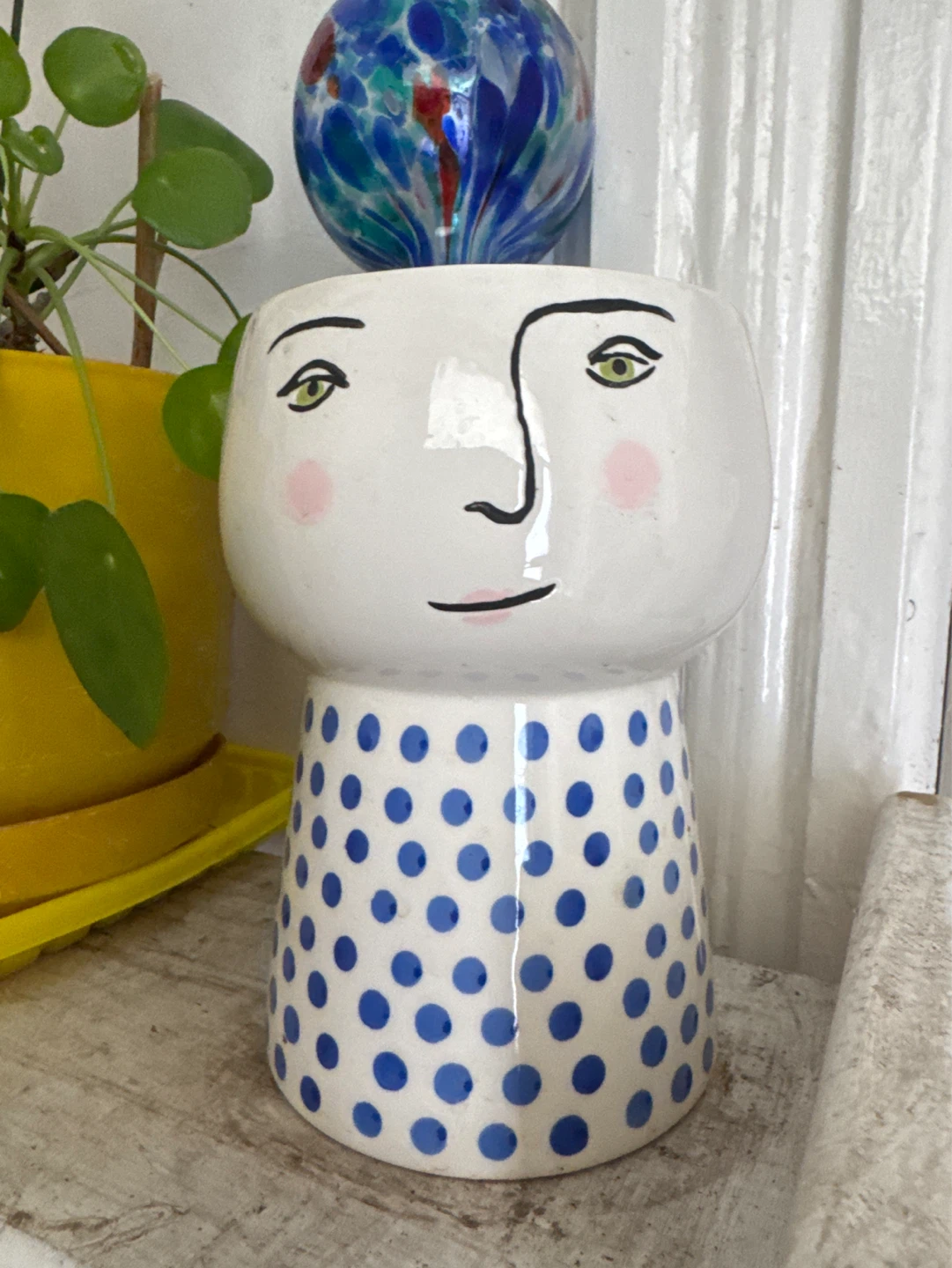Ceramic Face Planter with Blue Polka Dots