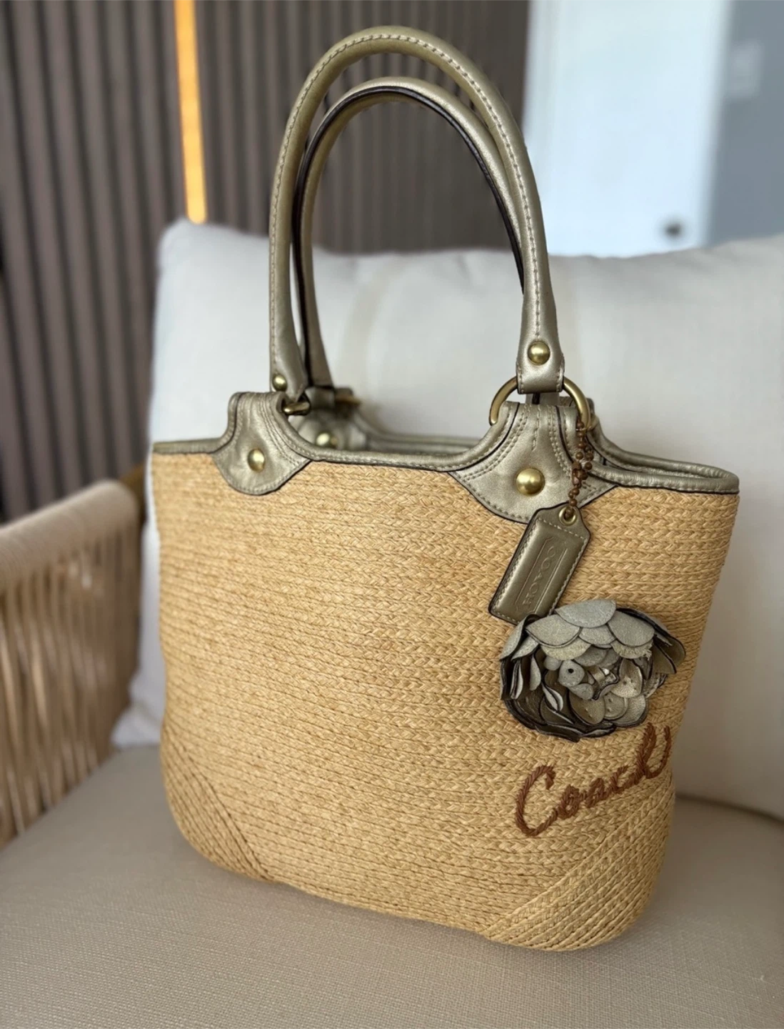 COACH Natural Straw Tote Bag Leather  Woven M9088-F13373