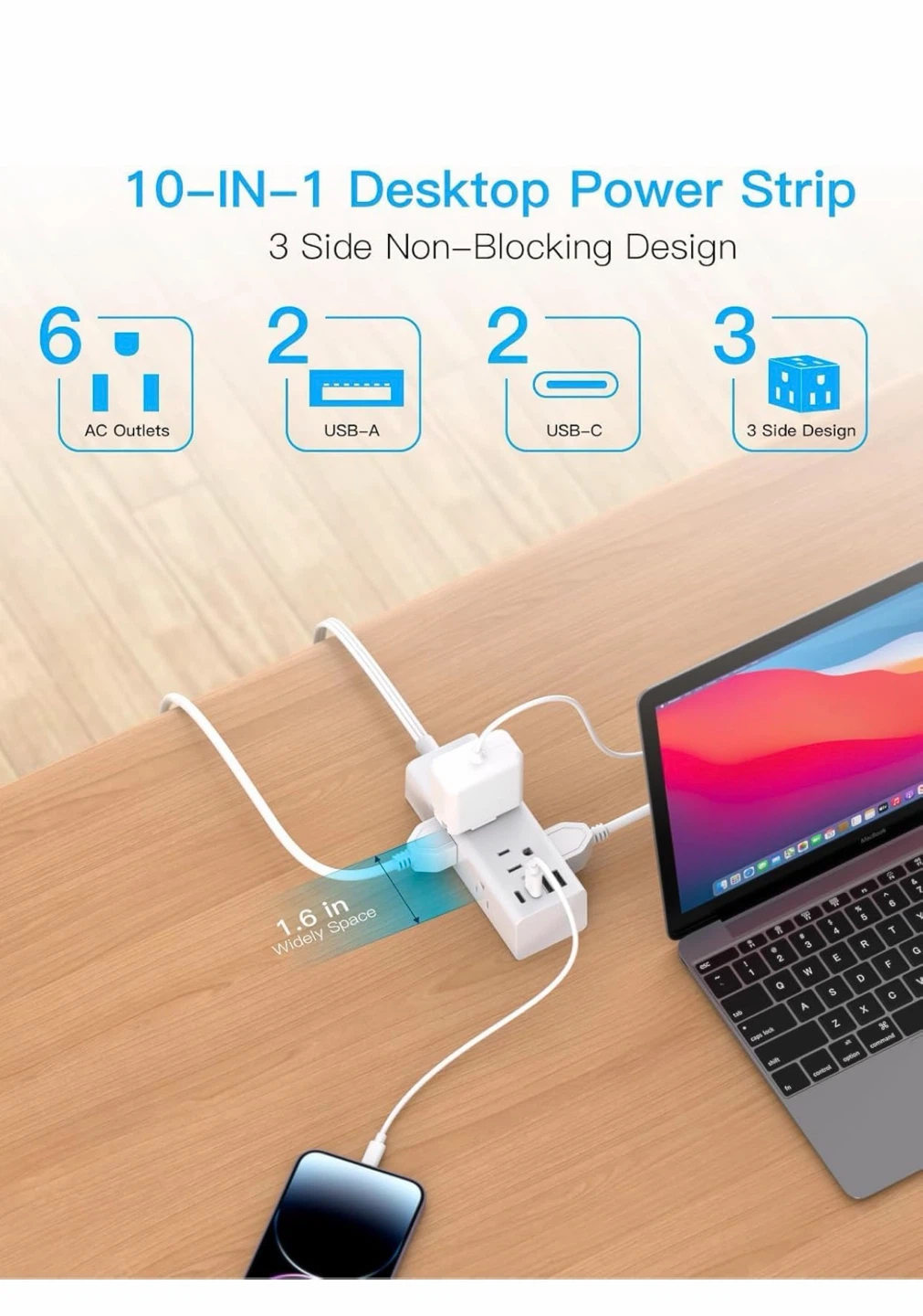 10-in-1 Power Strip with 10ft Flat Extension Cord - photo 4