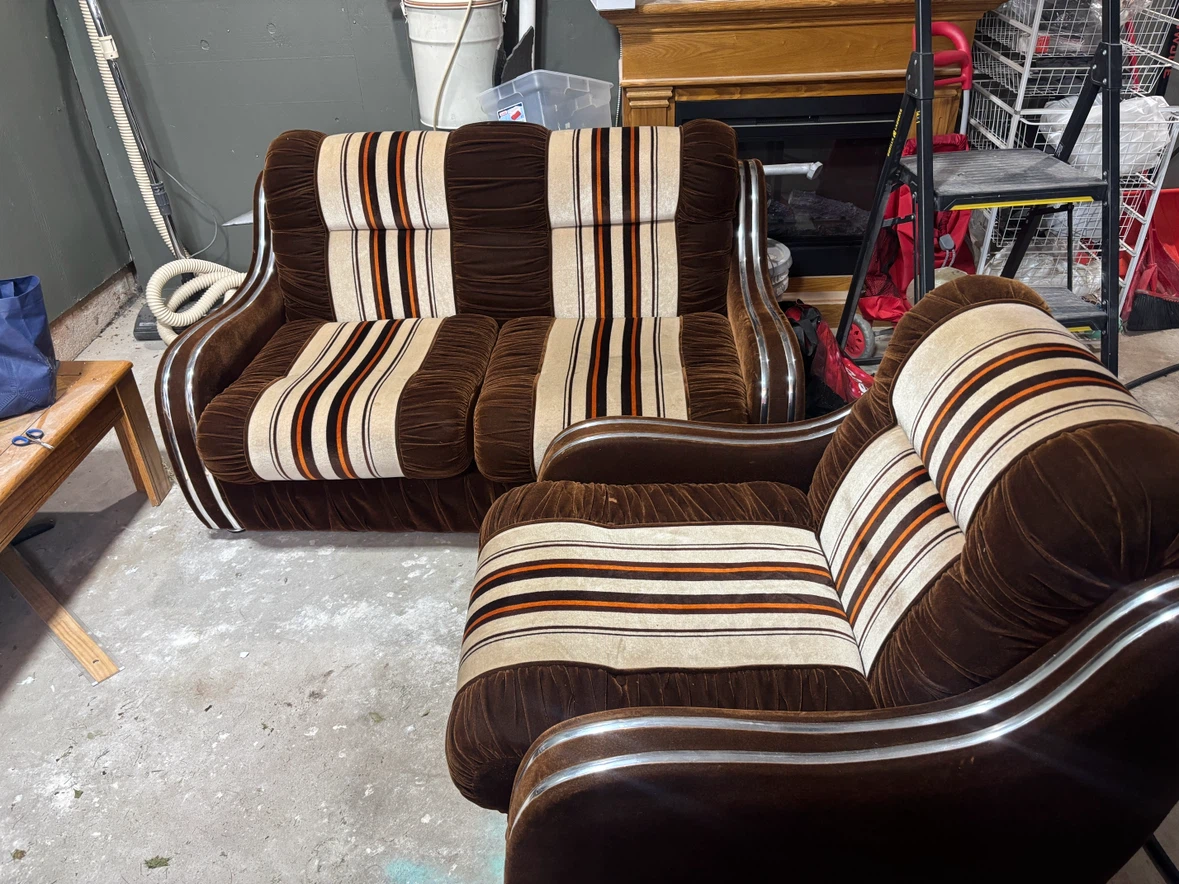 Vintage 1970 Retro Brown and Cream Stripe Sofa and Armchair