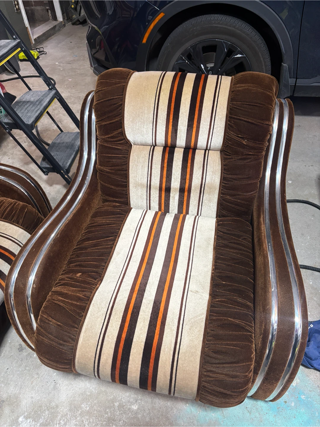Vintage 1970 Retro Brown and Cream Stripe Sofa and Armchair - photo 2
