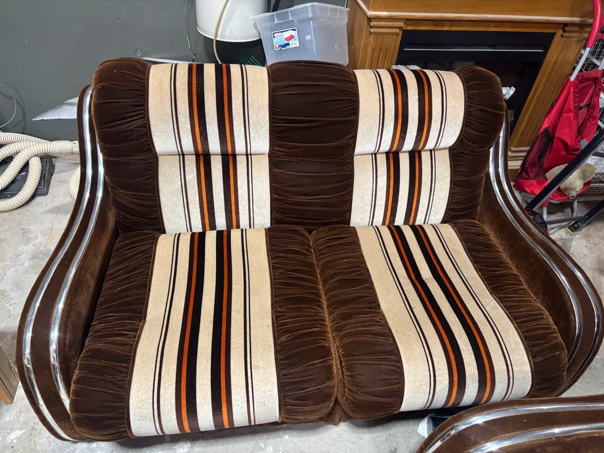 Vintage 1970 Retro Brown and Cream Stripe Sofa and Armchair - photo 3