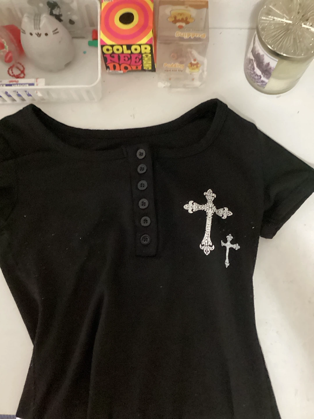 Black Cross Print Henley T-Shirt