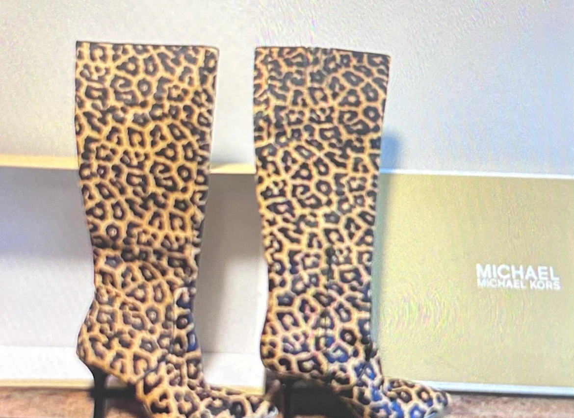 New MICHAEL KORS 8.5 Calf Leather Leopard Print Heeled Boots