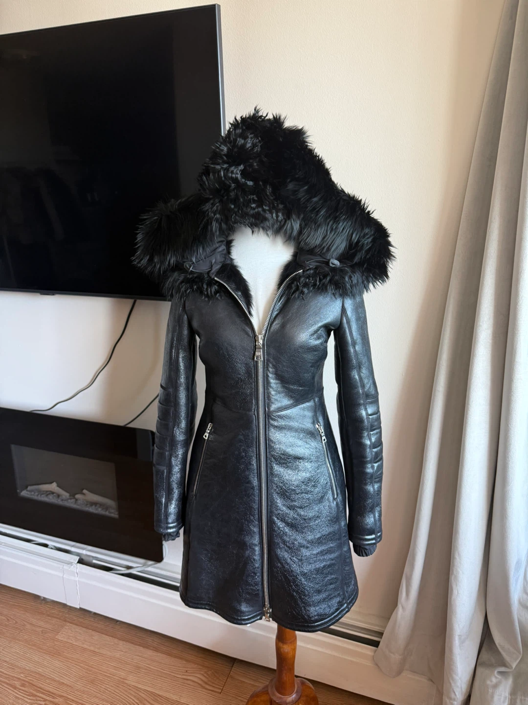 Prada Authentic Black Hooded alpaca and ship Fur Trim Coat