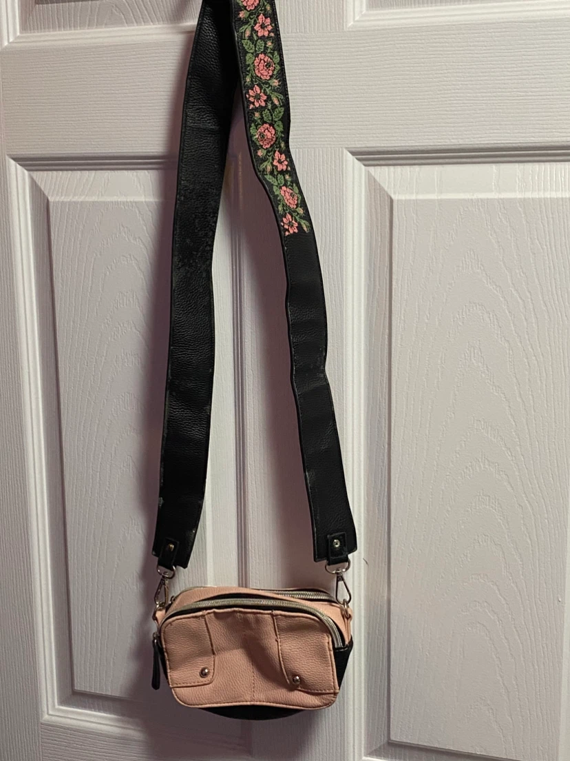 Pink and Black Crossbody Bag with Floral Strap