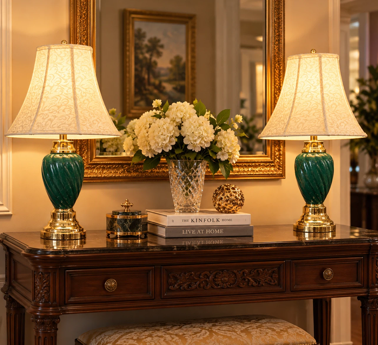Set of Two Green Ceramic and Brass Table Lamps