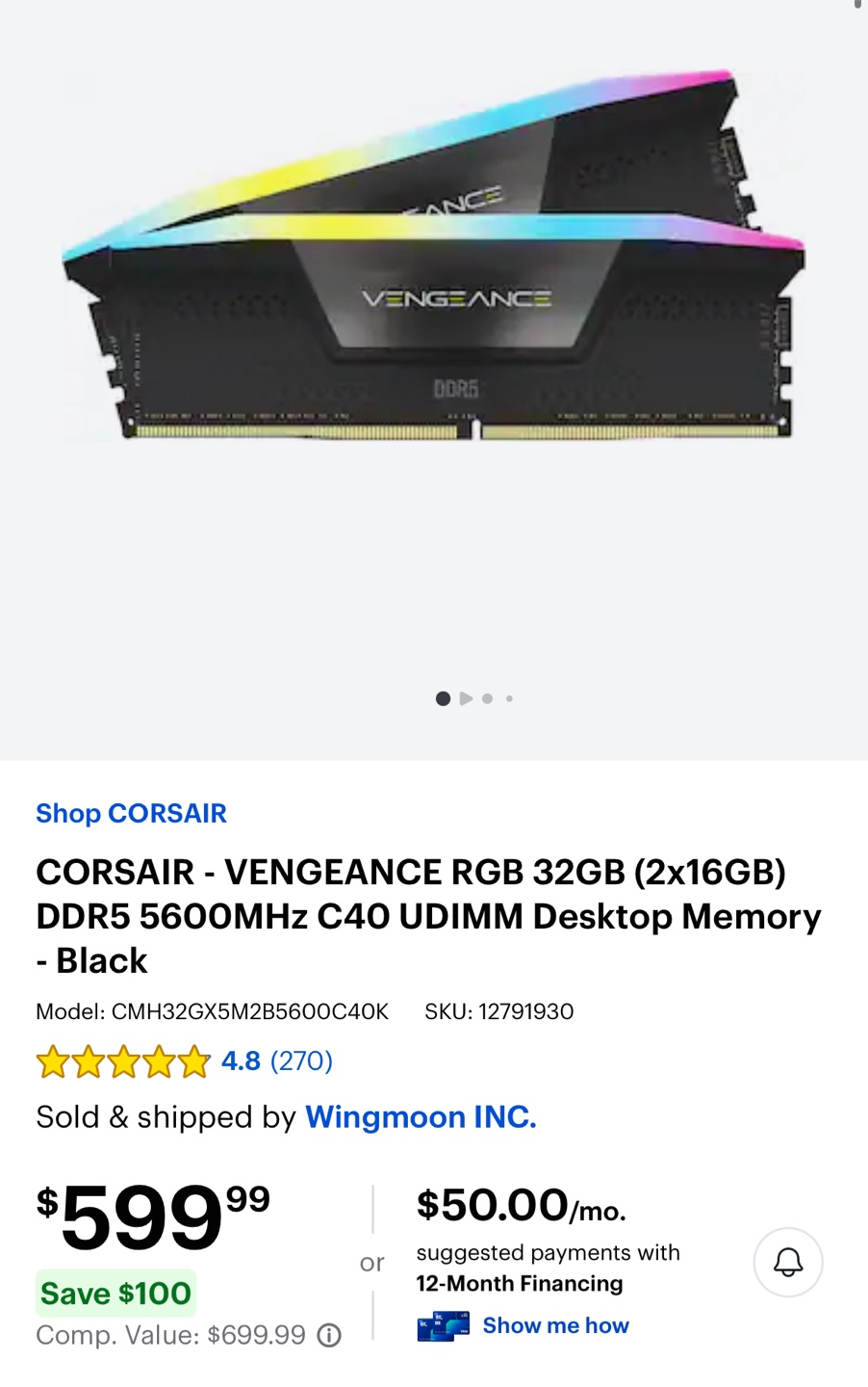CORSAIR Vengeance RGB 32GB (2x16GB) DDR5