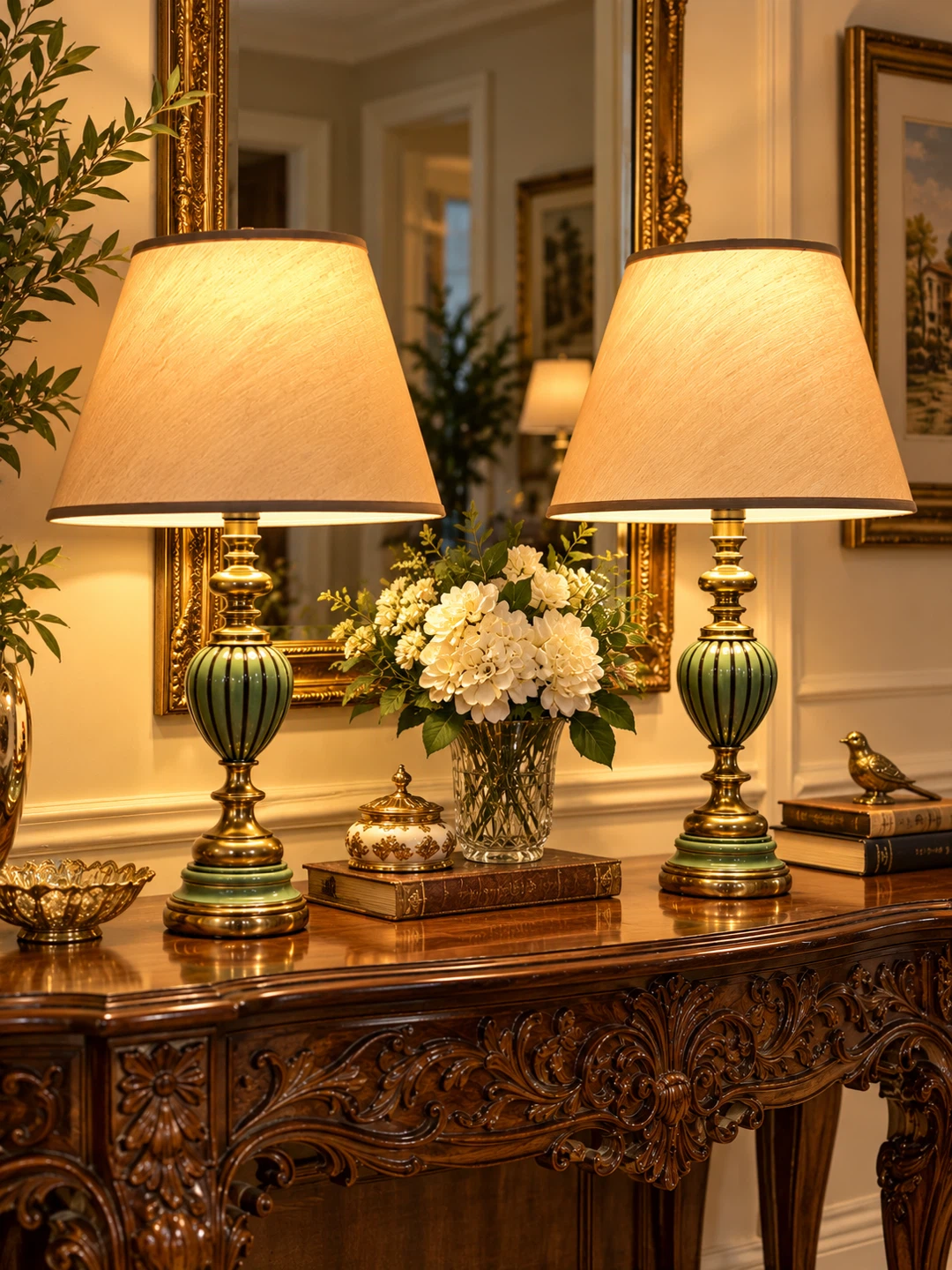 Pair of Vintage Brass and Green Table Lamps