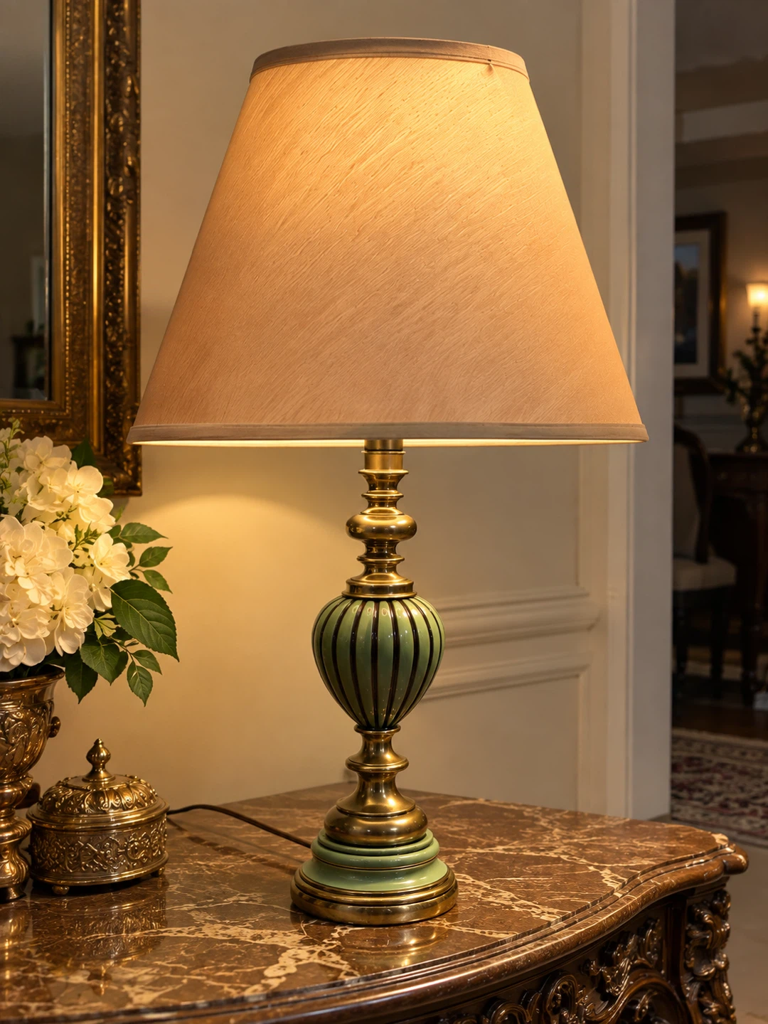 Pair of Vintage Brass and Green Table Lamps - photo 2