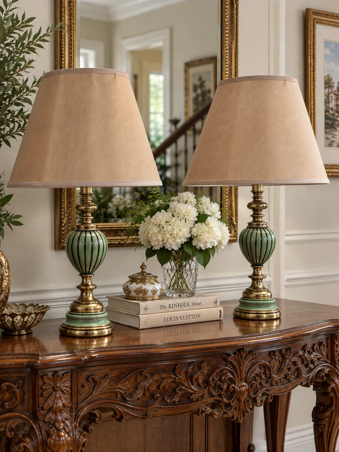 Pair of Vintage Brass and Green Table Lamps - photo 3