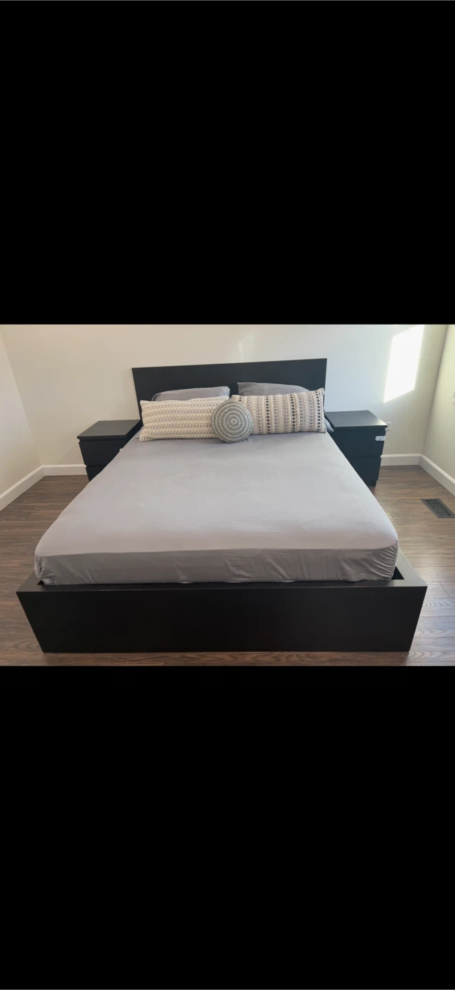 Black Bed Frame with Storage and Two Nightstands