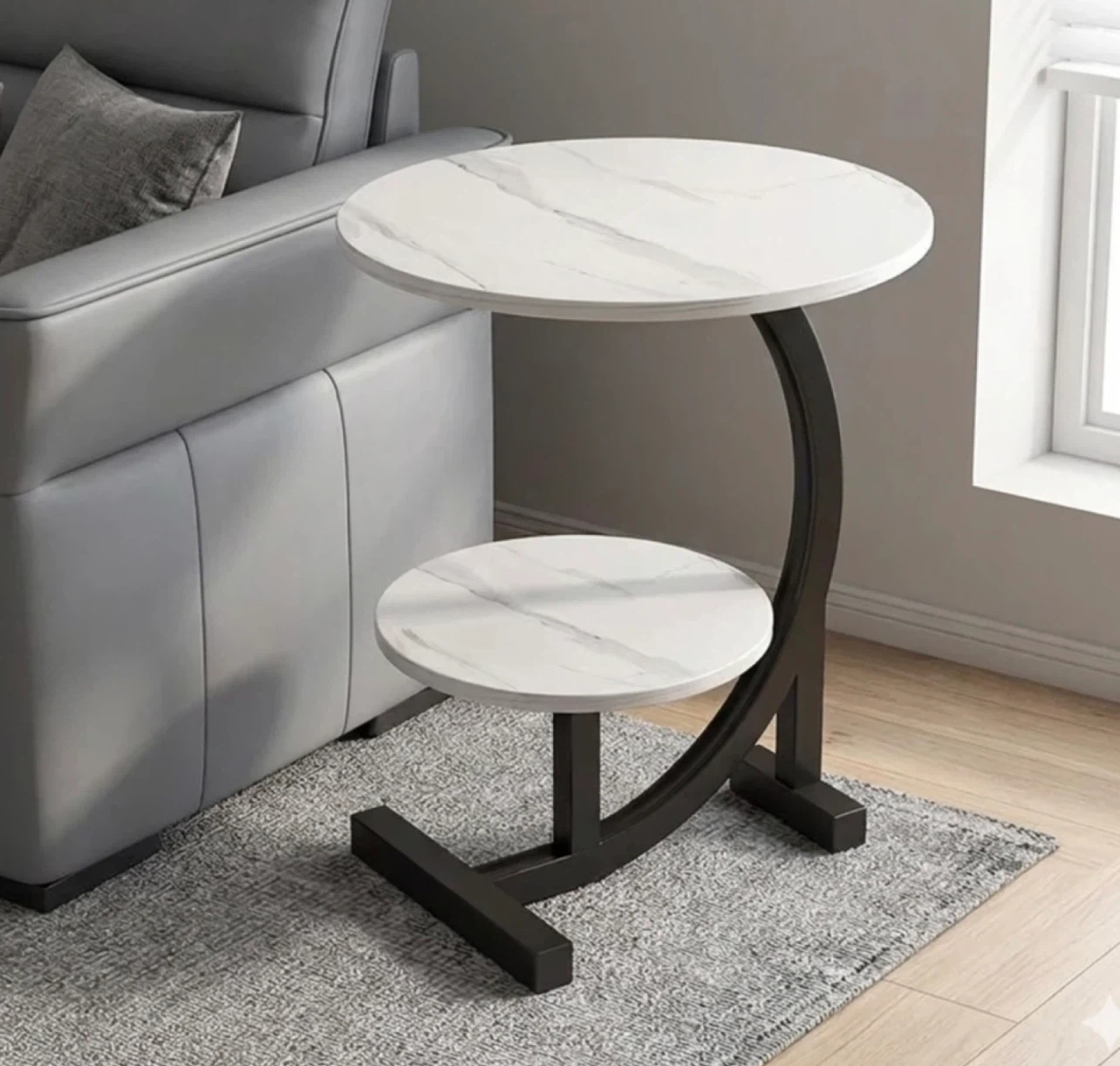 (NEW) Modern C-shaped round table marble like wood