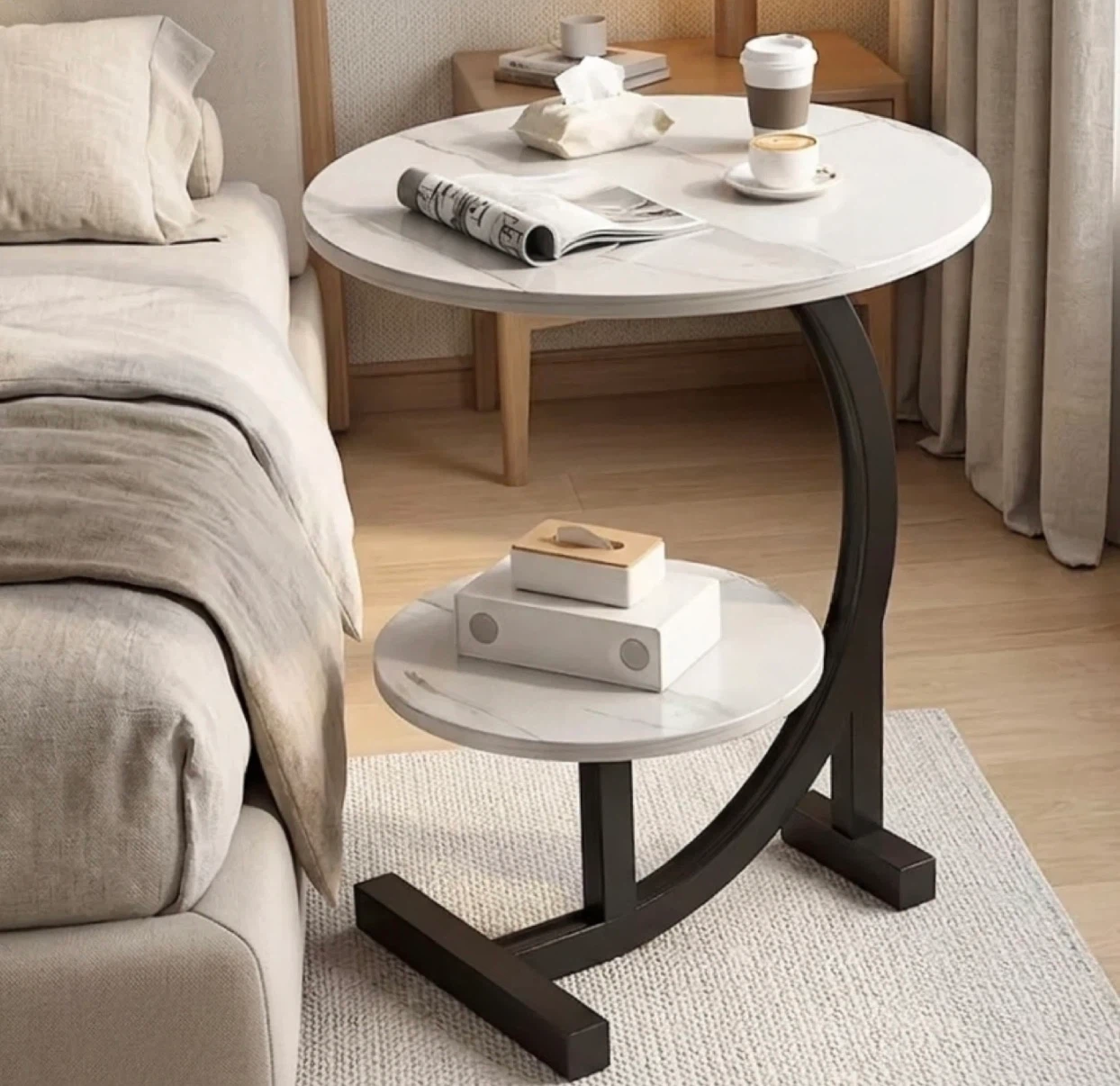 (NEW) Modern C-shaped round table marble like wood - photo 2