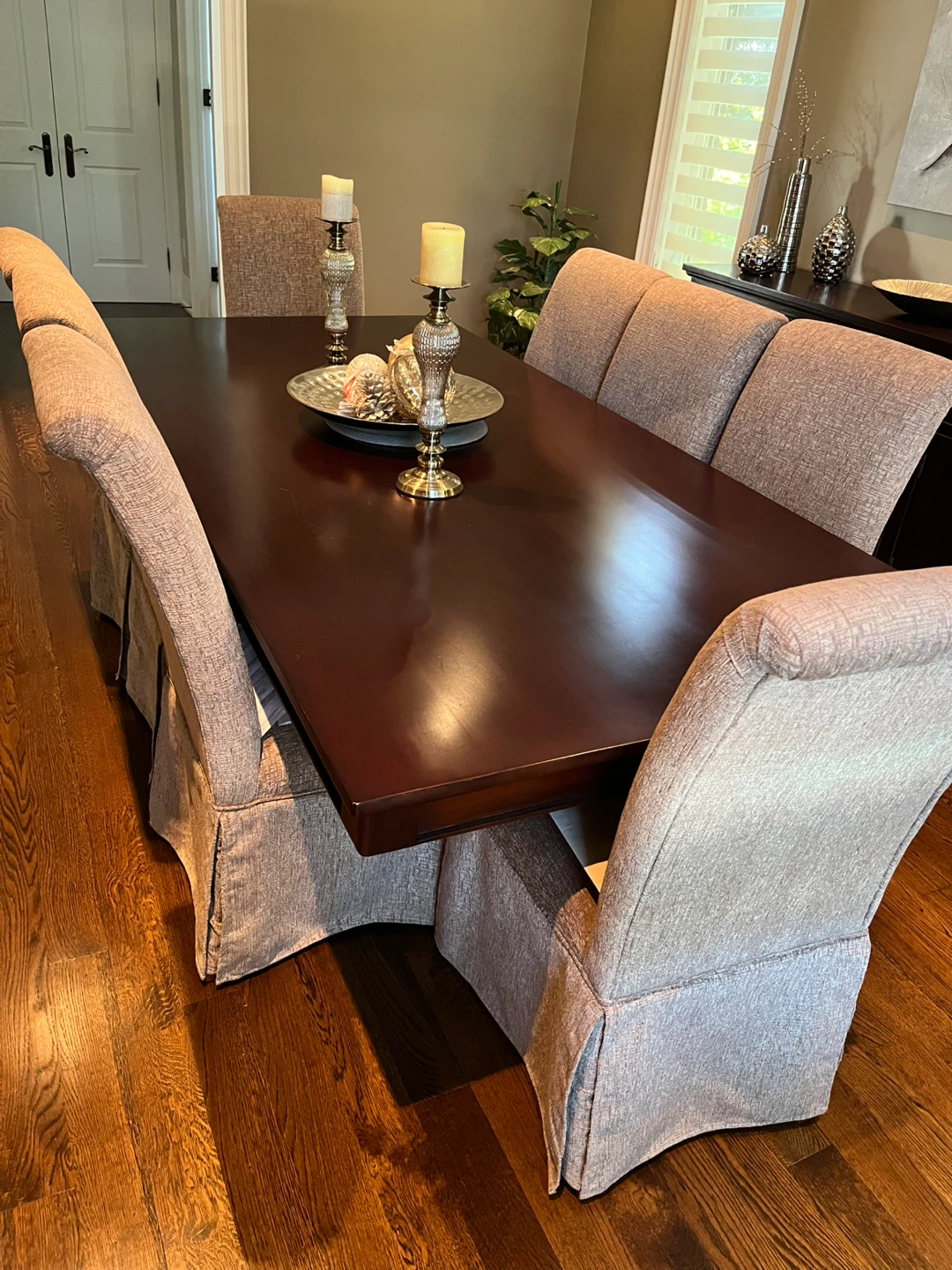 Dark Wood Dining Set with 8 Upholstered Chairs