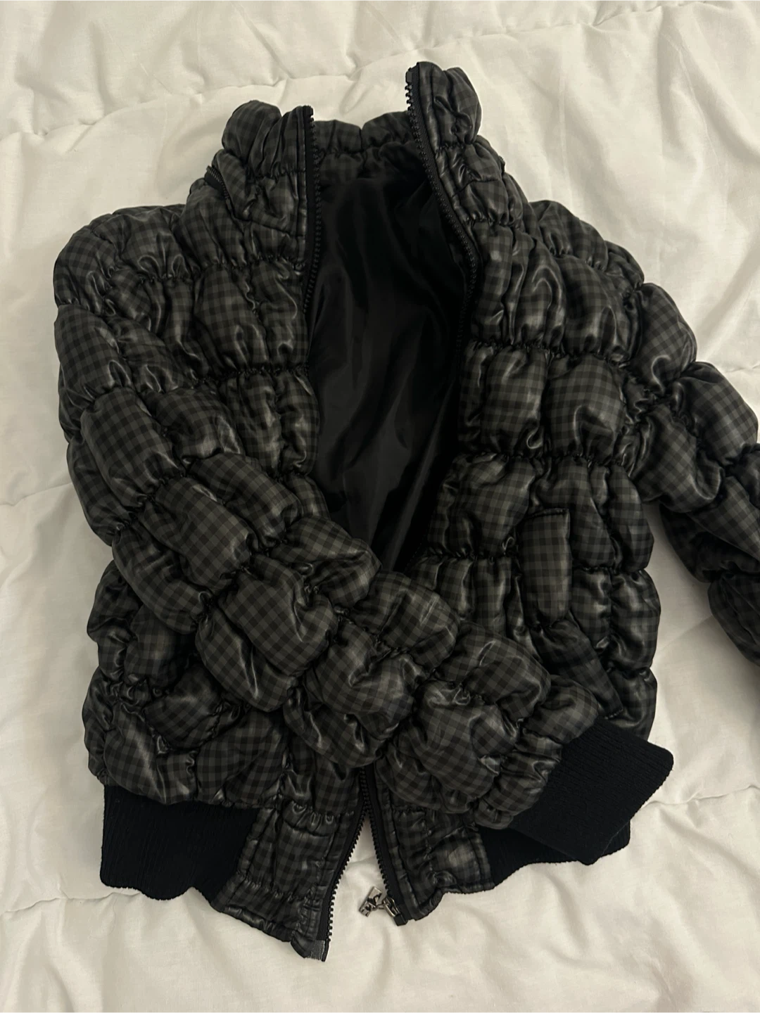Dark green gingham puffer short jacket