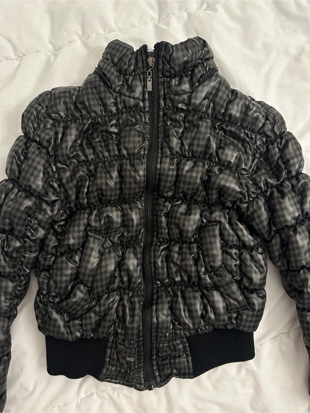 Dark green gingham puffer short jacket - photo 2