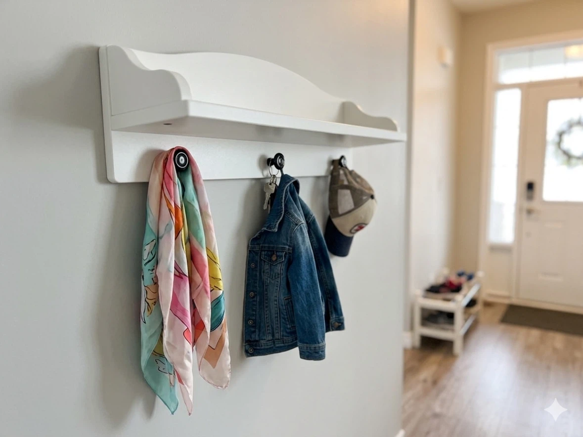 White Wall Shelf with Three Hooks