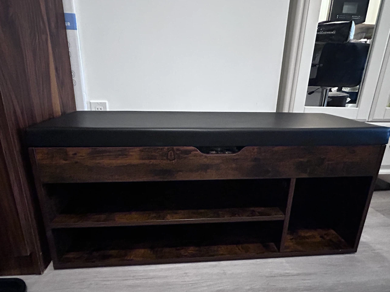 Rustic Wood Storage Bench with Black Padded Seat